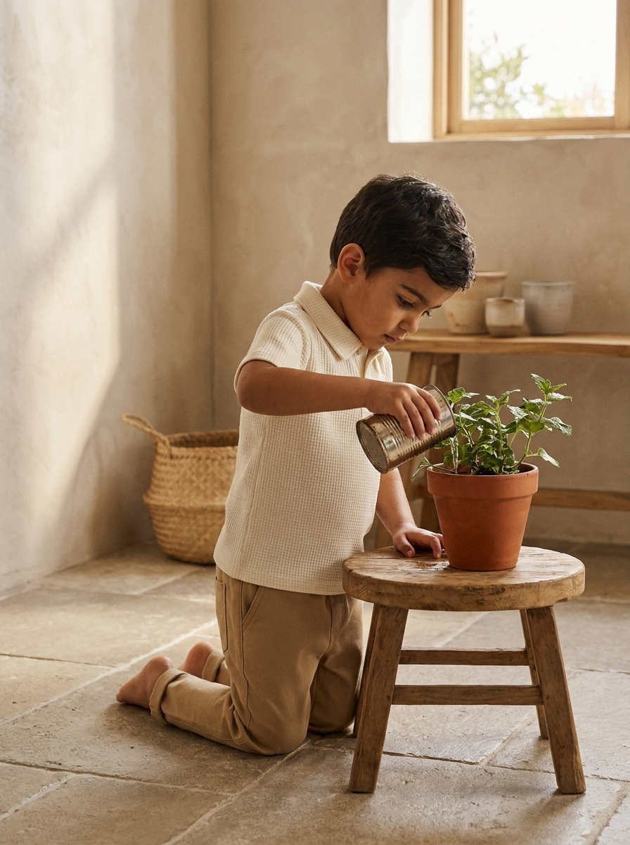 a boy watering a plant, the honey dune set