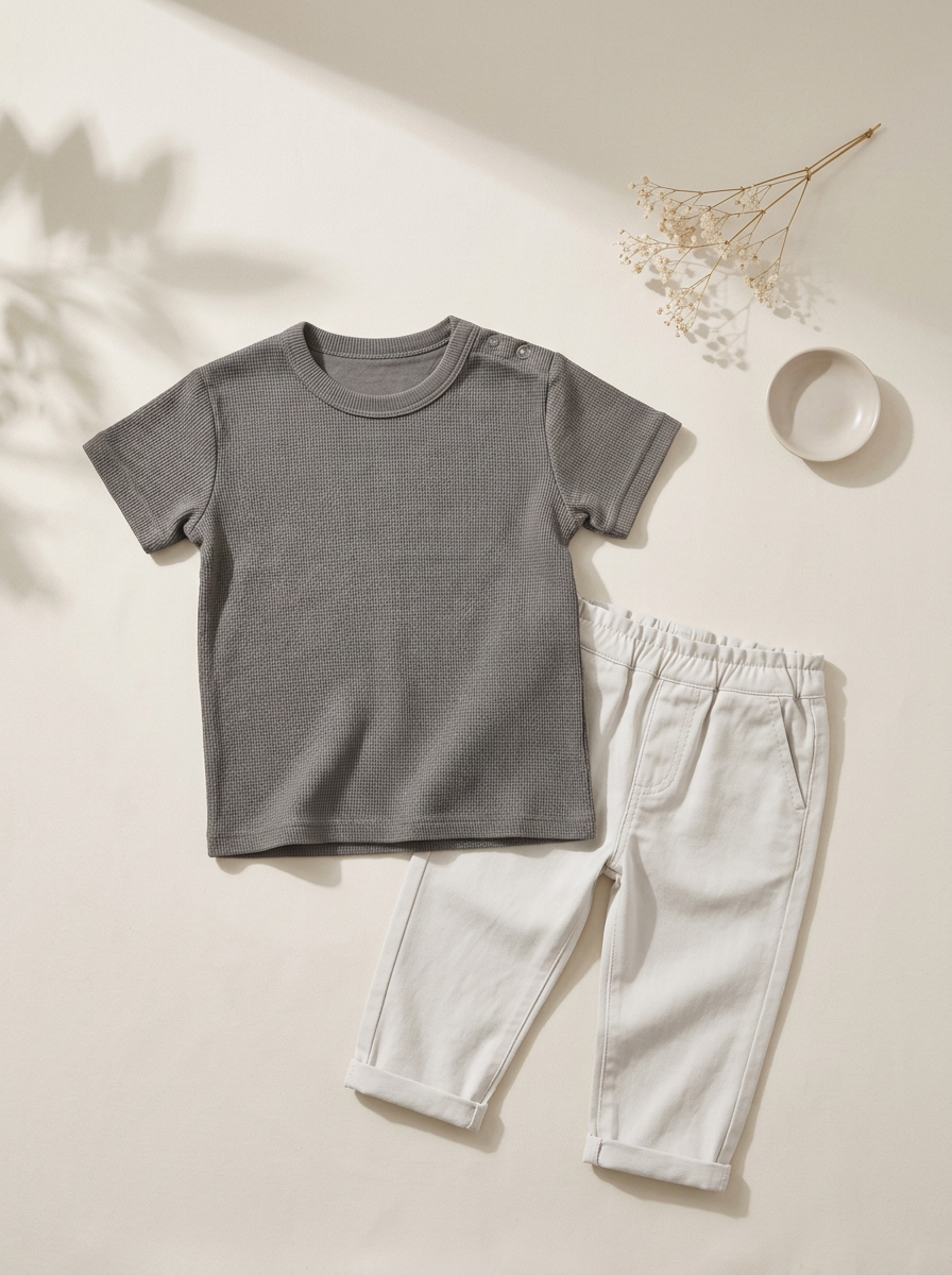 the truffle tee set in morning light, tee and trousers arranged on linen