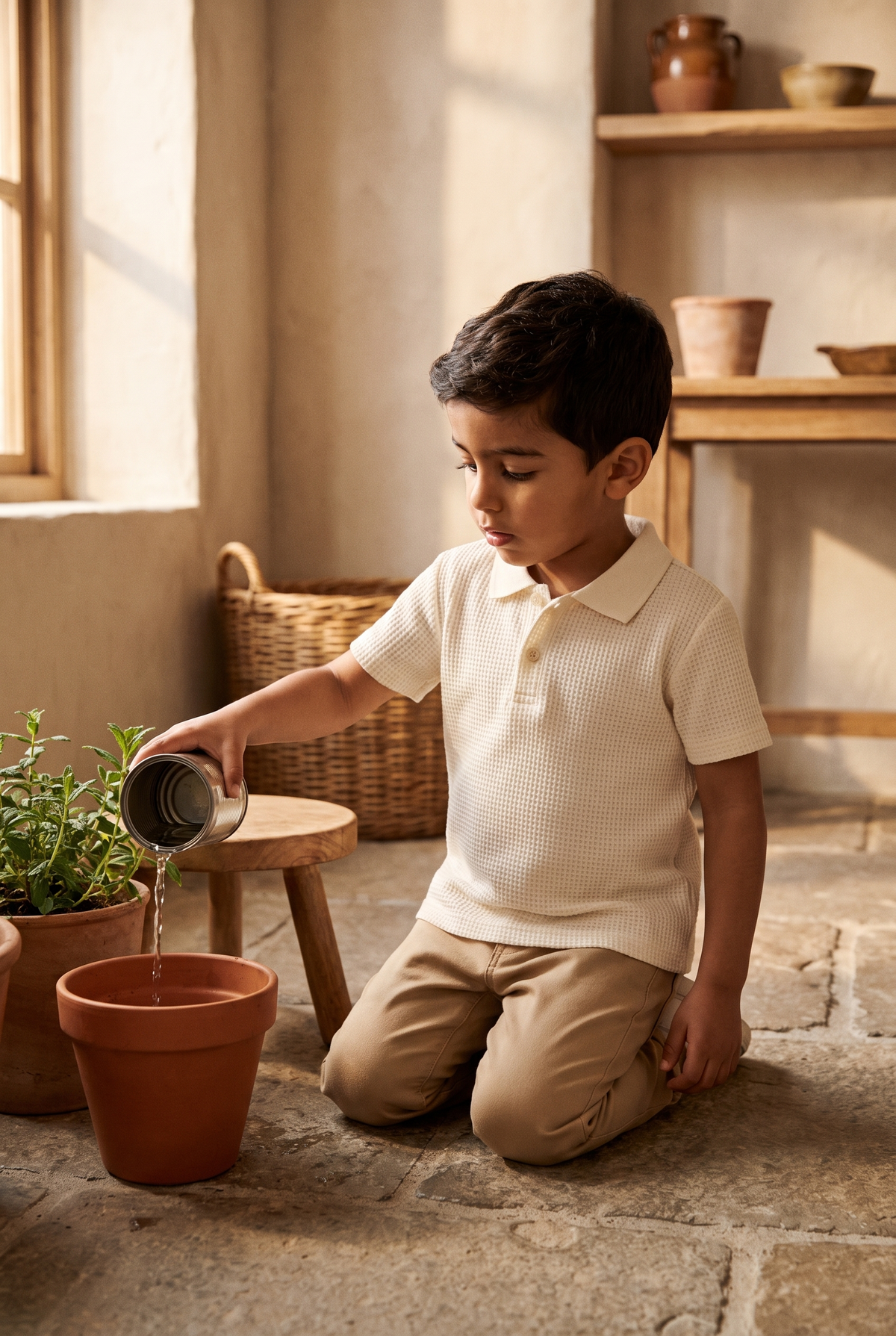 a boy kneeling to water a potted plant, in the honey dune polo and sandstone trousers