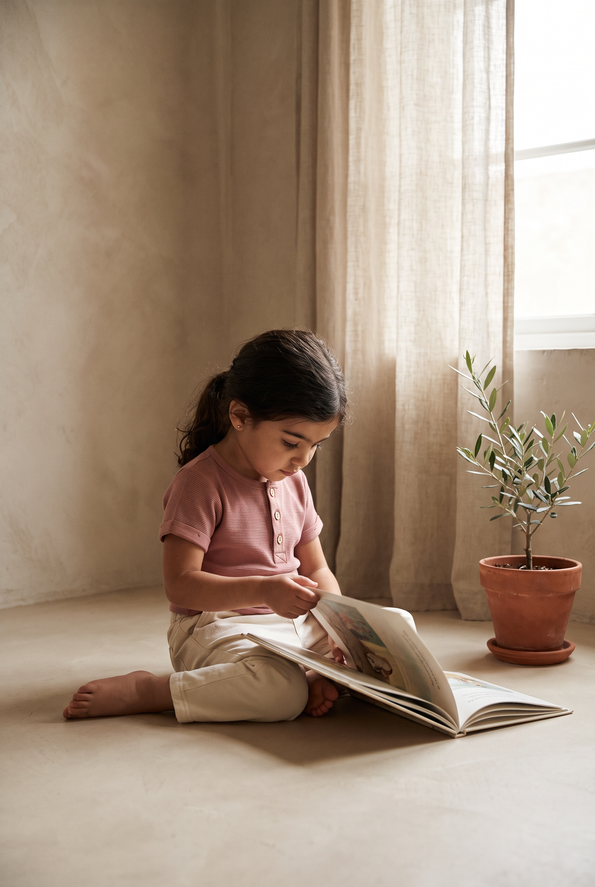 a girl sitting on the floor turning the page of a picture book, in the pink pepper tee and salty white trousers