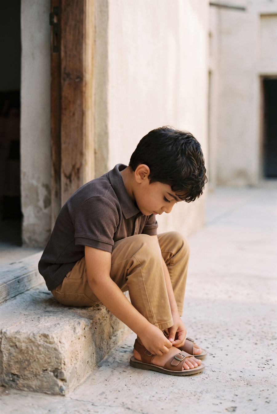 a boy sitting on a step fastening his sandal, in the truffle polo and sandstone trousers
