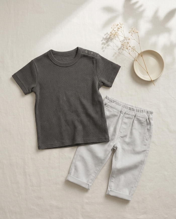 the truffle tee set laid flat: charcoal waffle-knit tee with shoulder snaps, beside off-white salty white trousers with rolled cuffs